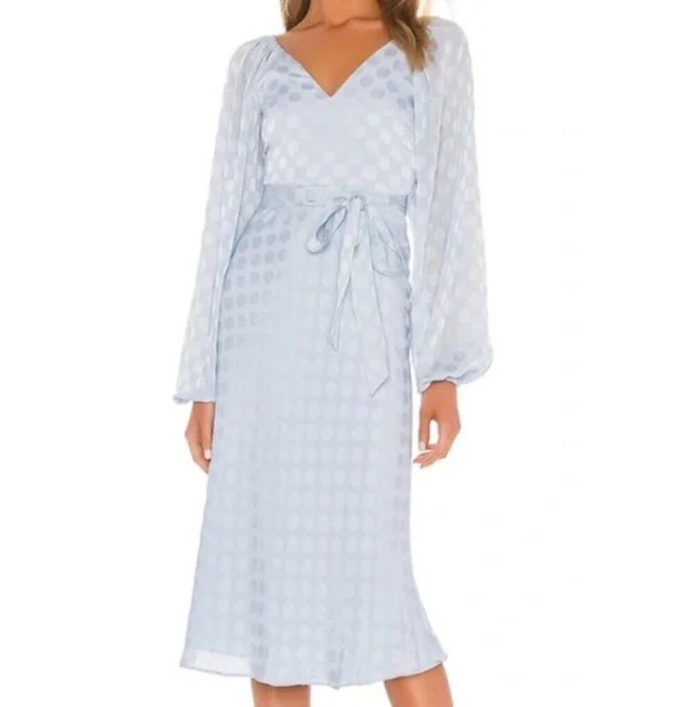 Tularosa Puff Sleeve Polka Dot April Midi Dress Sky Blue Women's Size Medium